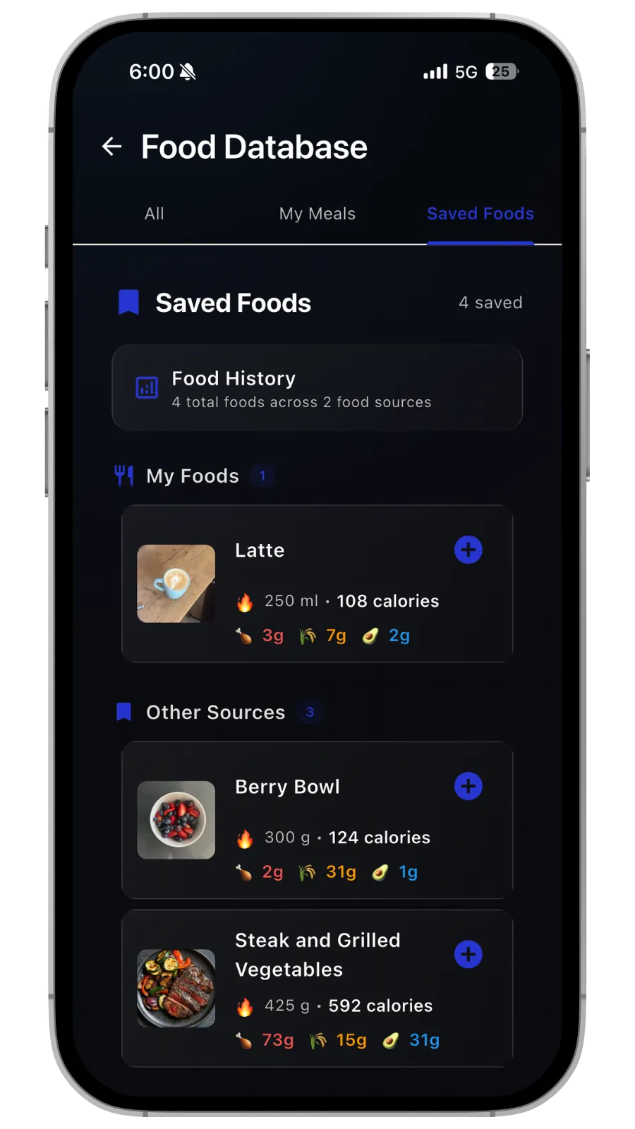 Saved Foods Database