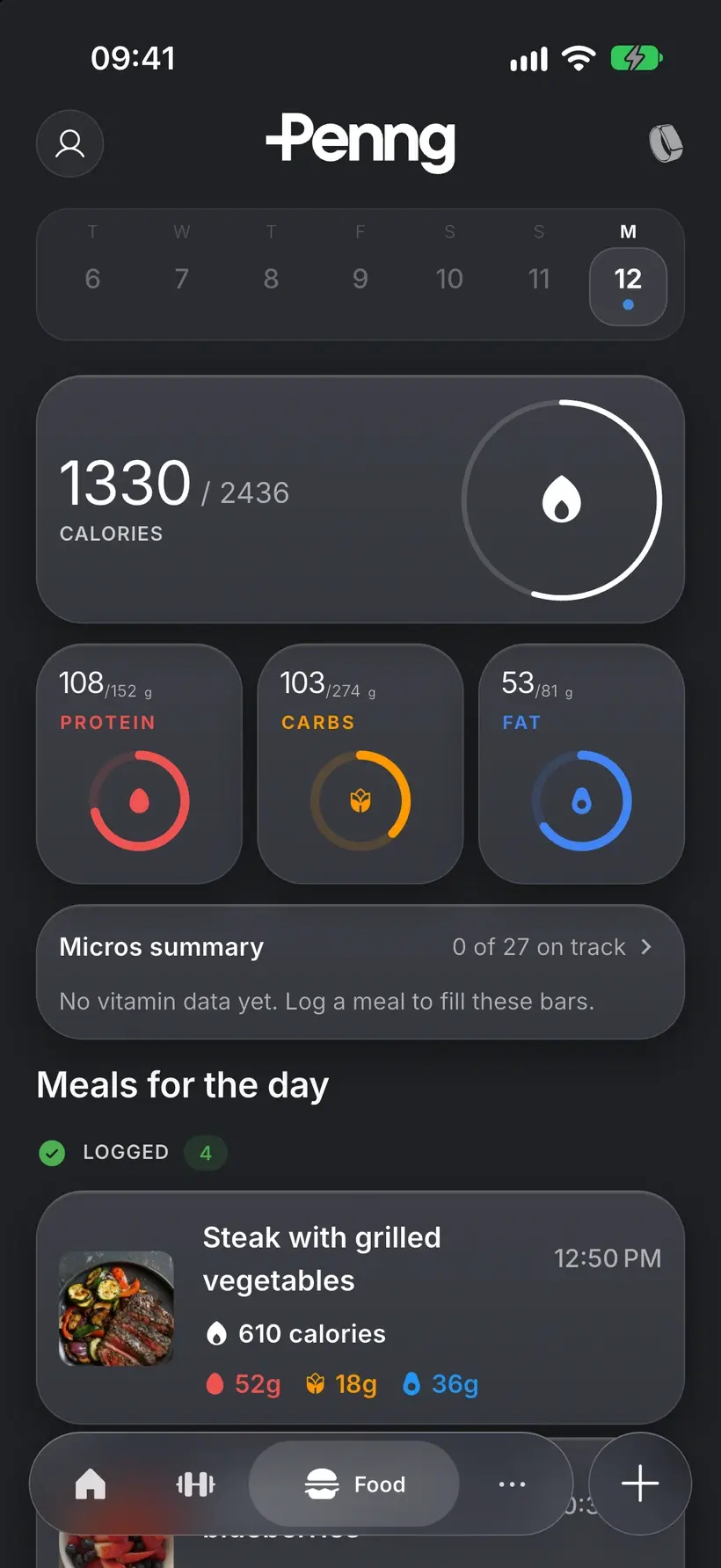 The Penng food day: calories against target, macro rings and the day's logged meals.