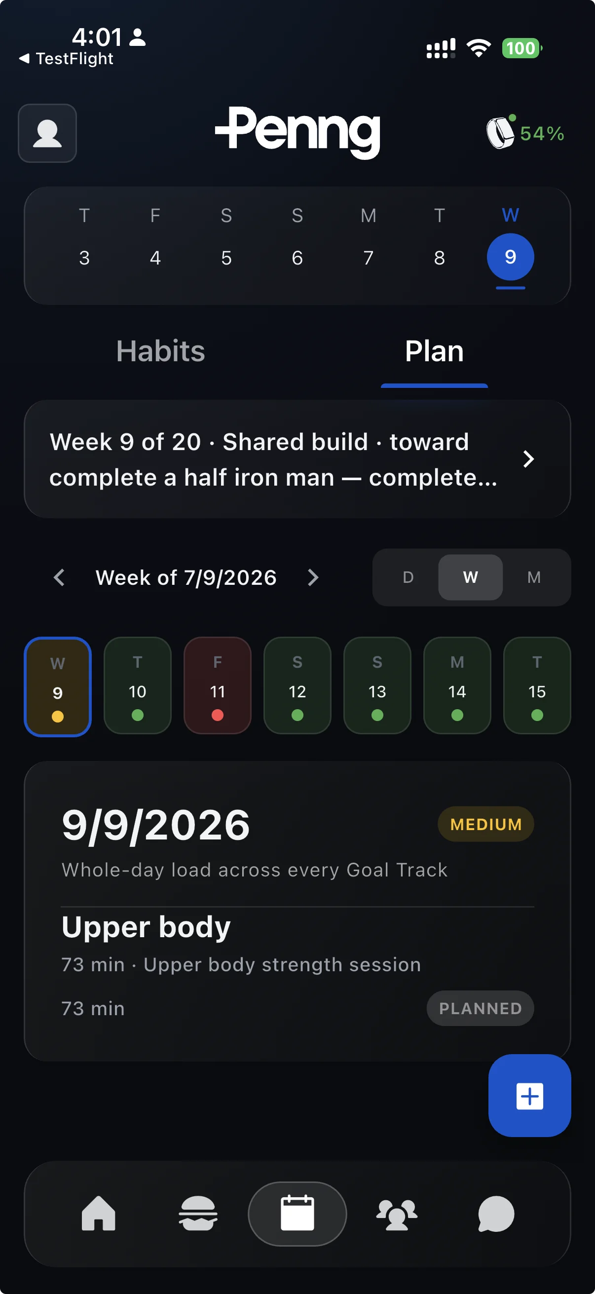 Penng training plan with exercises and scheduled sessions