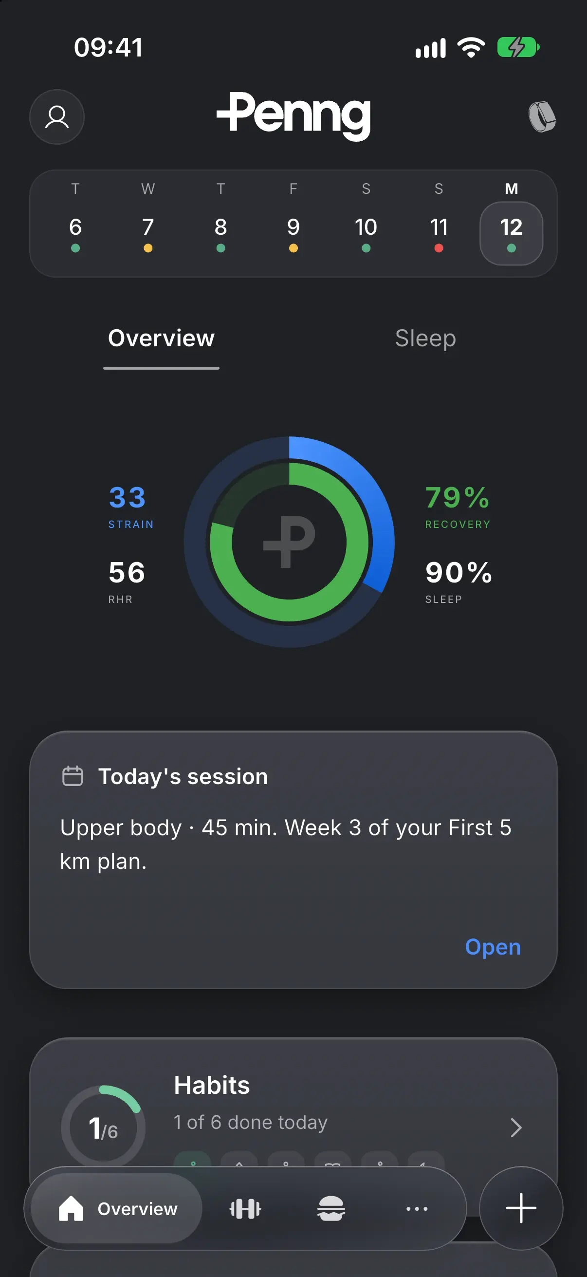 Penng Overview screen with strain, recovery and sleep, today's session and habits