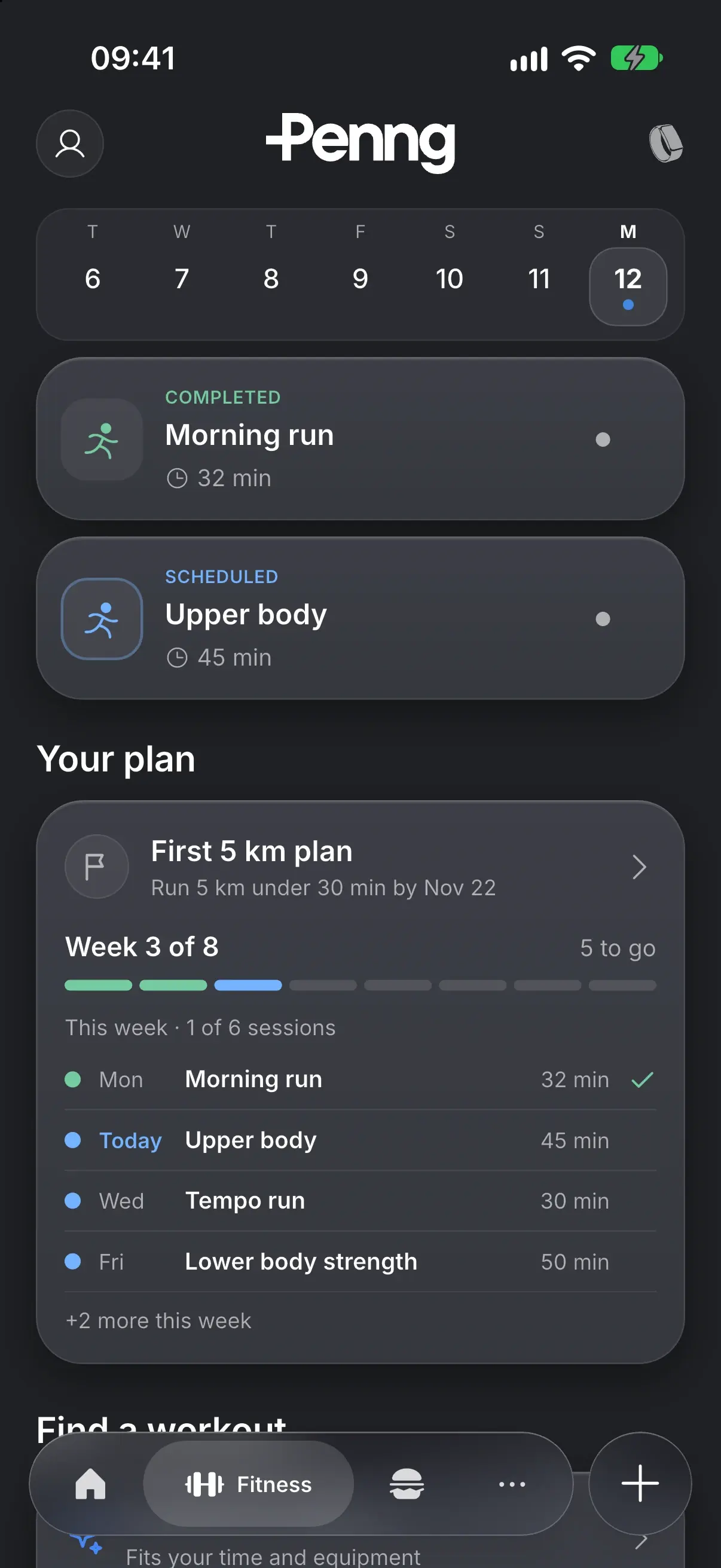 Penng Fitness tab with this week's sessions and the First 5 km plan, week 3 of 8