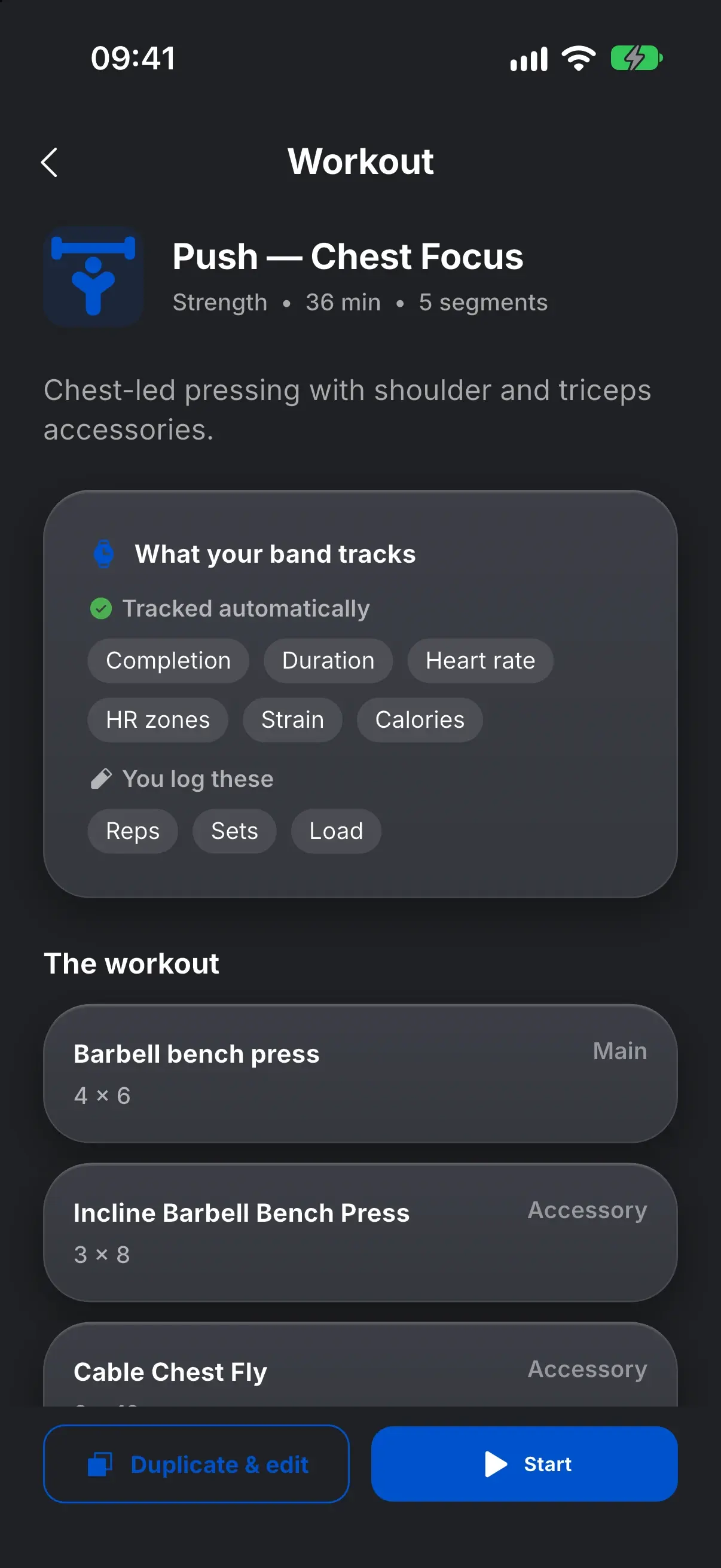 The Push, Chest Focus strength workout with its exercises and a Start button