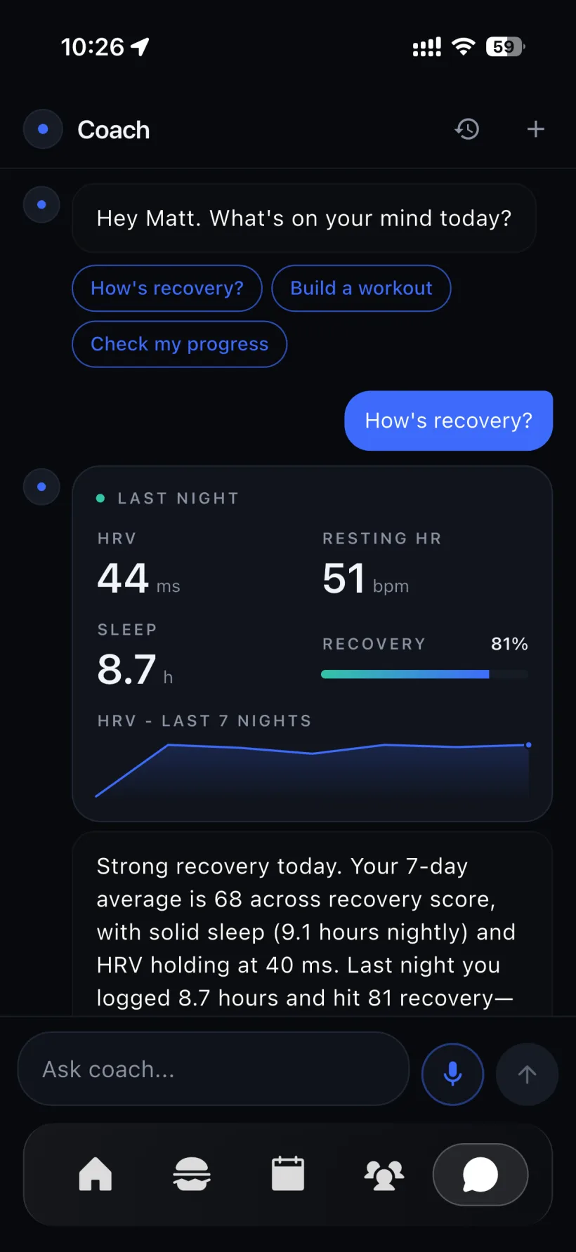 Actual Penng Coach conversation showing recovery measurements and an explanation using recent sleep, HRV and resting heart rate data