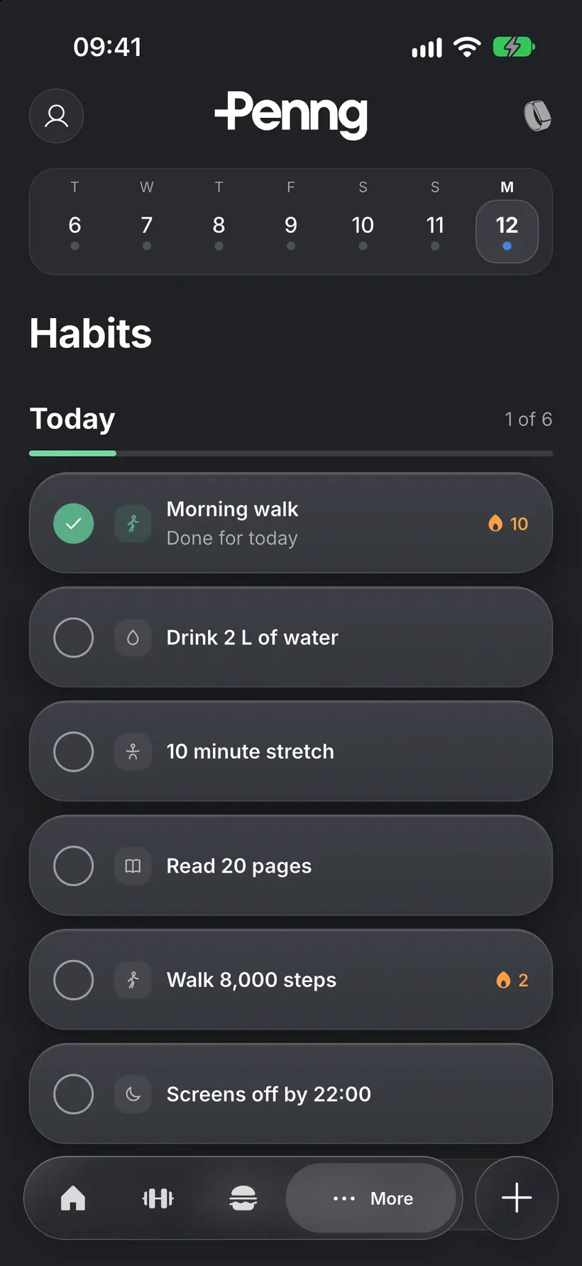 Penng habits for today, 1 of 6 done, with daily check-ins and streaks