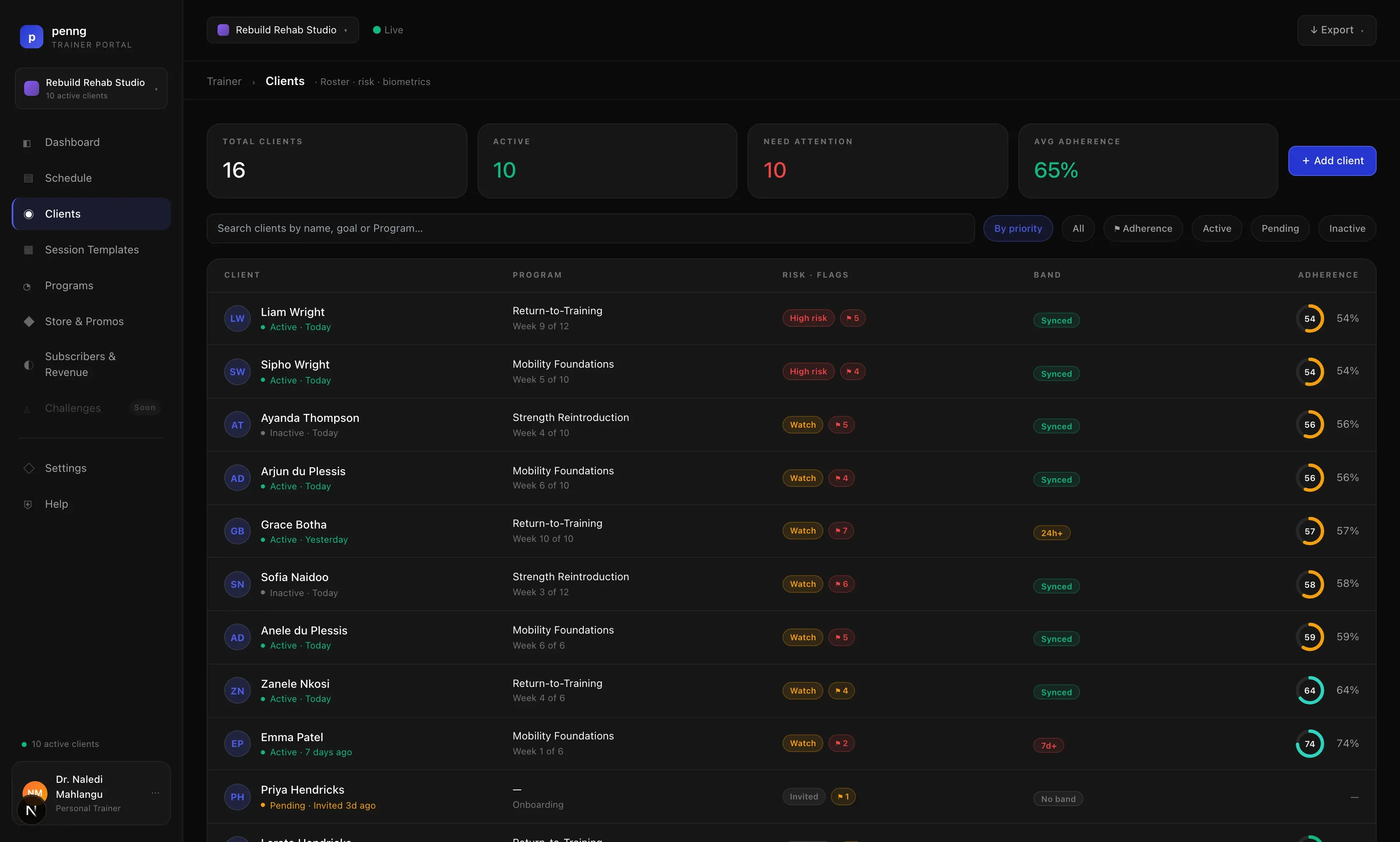 The Penng trainer portal client roster, listing clients with their recent sleep, recovery and training.