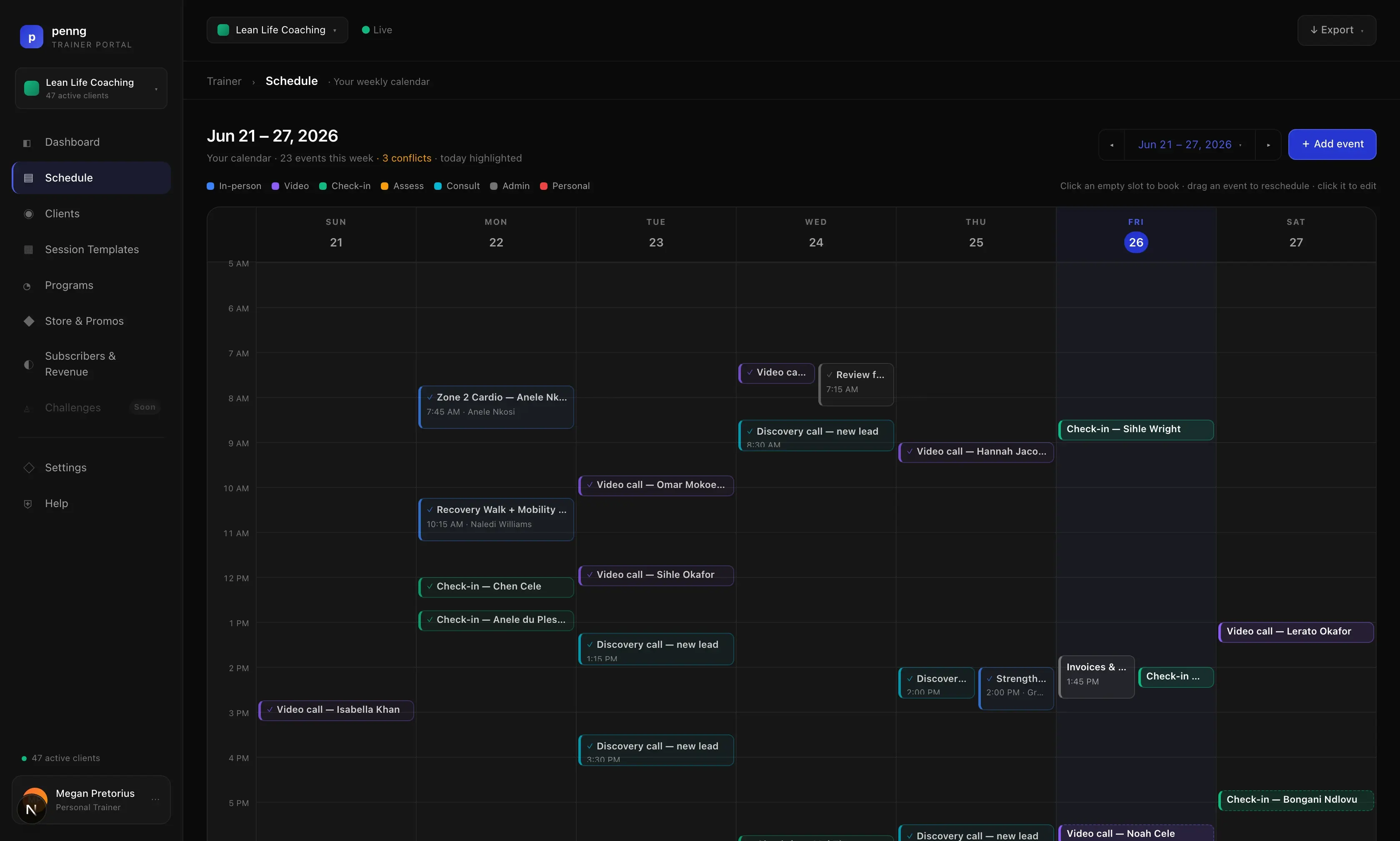 Trainer portal weekly schedule with colour-coded session types and a conflict count