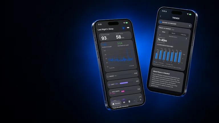 Two phones showing Penng: last night's sleep and the Trends chart of hours slept against hours needed.