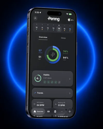 A phone showing the Penng Overview with strain, recovery and sleep, habits and trends.