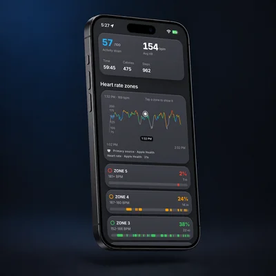 A phone showing a Penng workout: activity strain, average heart rate and time in each heart rate zone.